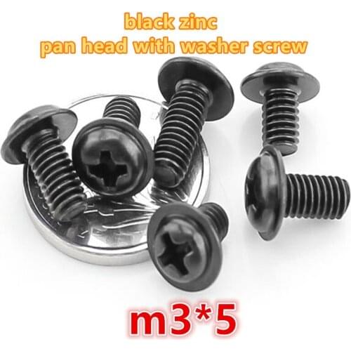 500pcs m3*5 carbon steel with black zinc plated phillip pan / round head with washer electronic screw computer screw