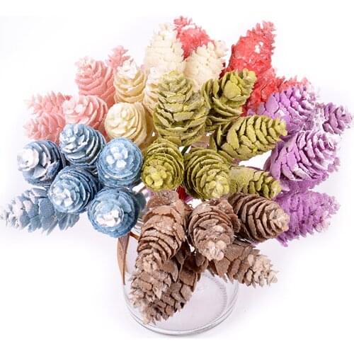 6Pcs/Bundle Pine Cone Simulation Green Plant Plastic Artificial Flower for Wedding Christmas Home Decoration Diy Gift Box