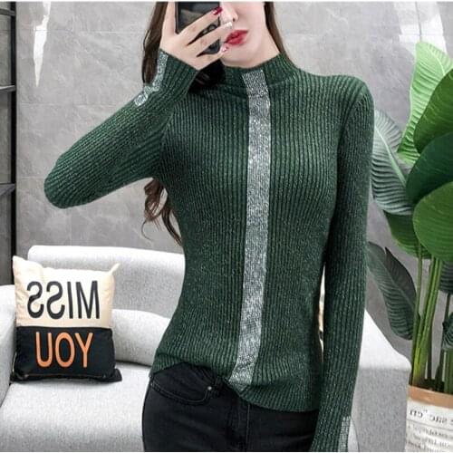 #9024 Shiny Diamonds Women Sweaters And Pullovers Turtleneck Knitwear Sweater Casual Tight Knitted Top Ladies Black Green Blue