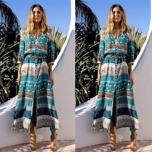 Bohemia Sexy Deep V Neck Long Sleeve Womens Dress 2021 Spring Autumn Casual Button Print Split Fashion Ladies Beach Maxi Dress