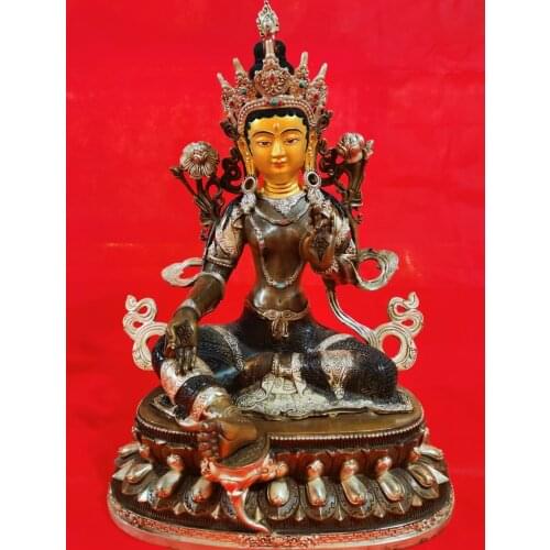 45CM large Nepal Tibet temple Buddhist Buddhism bless safe health good luck high grade bronze GREEN Tara Guan yin Buddha statue