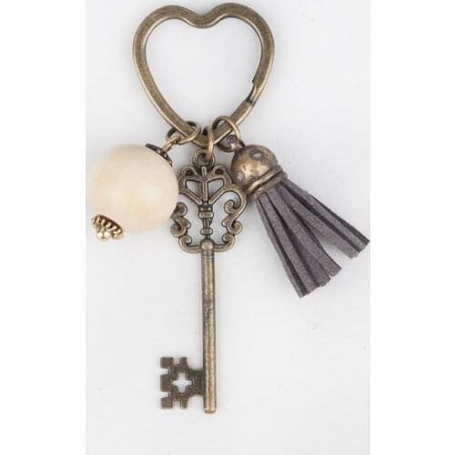Doreen Box Vintage Handmade Key Chains Key Rings Antique Bronze Heart Wood Round Beads Tassel Pendants Keychain Jewelry, 1 PC
