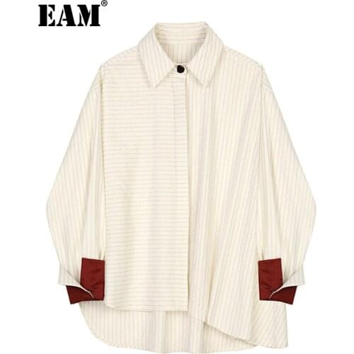 [EAM] Women Beige Striped Split Big Size Blouse New Lapel Long Sleeve Loose Fit Shirt Fashion Tide Spring Autumn 2021 1S388