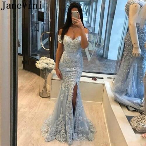 JaneVini Elegant Silver Mermaid Party Gown Sexy Split Tulle Lace White Appliques Long Prom Dresses Evening 2020 Vestidos Fiesta