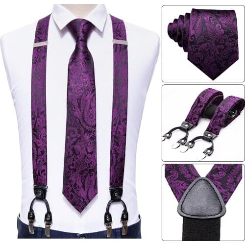 Purple Men Silk Suspenders 6 Clip-on Braces Y-Shape Adjustable Suspenders Necktie Cufflinks Hanky Set Wedding Party Barry.Wang