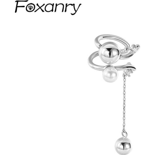 Foxanry Prevent Allergy 925 Sterling Silver Drop Earrings for Women New Tredny Round Beads Zircon Tassel Party Jewelry Ear Clip