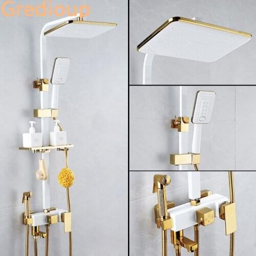 Hot Cold Shower Set Bathroom Smart Thermostatic Shower System Wall Mount SPA Rainfall LED Bath Faucet Bathtub Square Head Grifos
