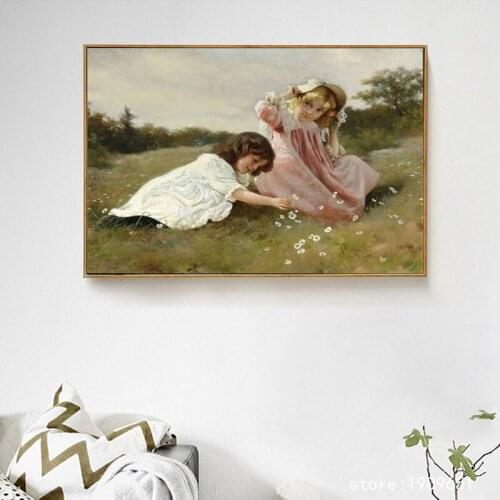 No frame classical figures girls white flowers landscape canvas printings oil painting printed on cotton wall decoration picture
