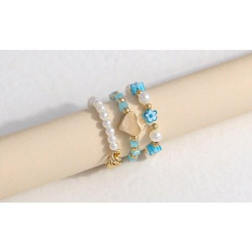 Cute Imitation Pearl Acrylic Beads Ring Set For Women Minimalist Mixed Color Beaded Adjustable Elastic Chain Ring Charm Jewelry