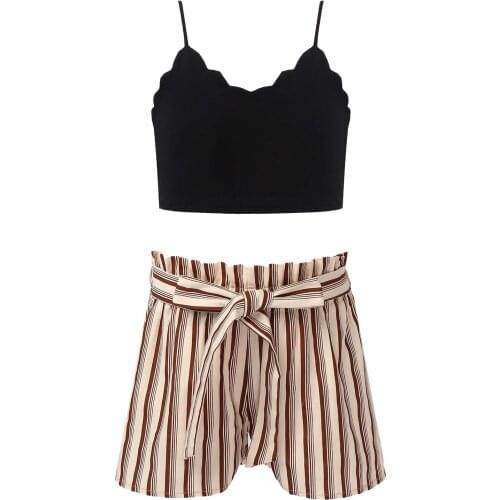 Oyolan Girls Cute 2Pcs Casual Outfits for Summer Solid Cami Crop Top Stripe Belted Shorts Children Stylish Sets 6 8 10 12 14 Yrs