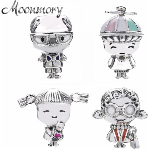 Moonmory 925 Sterling Silver Propeller Hat Boy Charm &Mrs. Wise Charm&Girl with Pigtails Charm Pendant Fit Original Bracelet