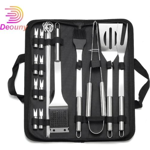DEOUNY BBQ Grill Tools Set Stainless Steel Outdoor Camping Cooking Grilling Tools Barbecue BBQ Accessories Kit with Portable Bag