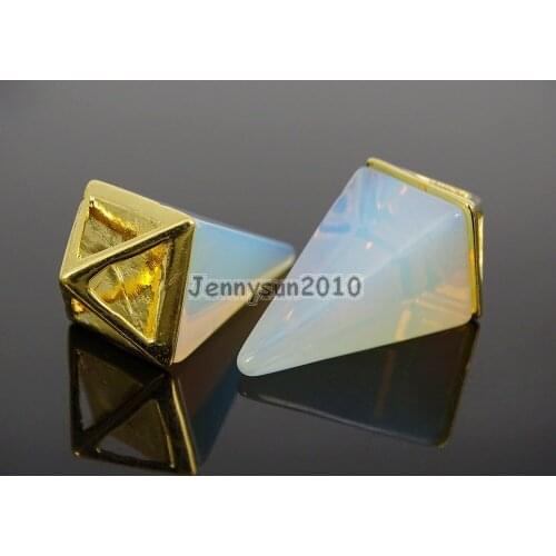 Natural White Opalite Gems Stones Pyramid Pointed Healing Reiki Chakra Gold Pendant Beads Necklace Earrings Jewelry 5Pcs/Pack