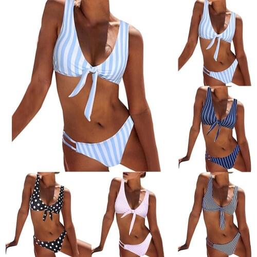 NEW Sexy Striped Dots Knotted Summer Bikini Set Women Two-piece Swimsuit Swimwear