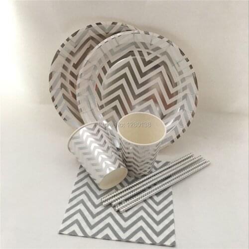 Disposable Paper Tableware Gold Silver Chevron Bachelorette Party Supplies Hawaiian Party Decor Paper Plate Cups Straws Napkins