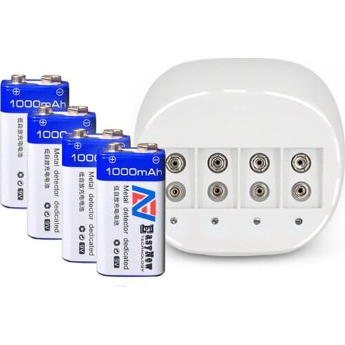 New 4PCS 9V rechargeable battery large capacity 1000mAh lithium ion rechargeable battery + 1PCS 4-slot 9V high current charger