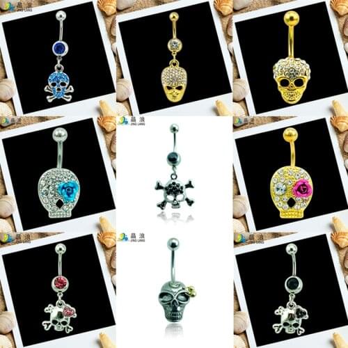 Body Piercing Fashion Silver Plated Belly Button Rings 316L Stainless Steel Dangle Rhinestone Heart Skull Navel Rings Jewelry