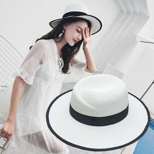 Women Simple Foldable Wide Brim Floppy Girls Beach Straw Hat Flat Top Sun Hat Summer Hat UV Protect Travel Cap Lady Cap Female