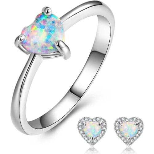 Boho Female Ring Earrings Jewelry Set New Fashion White Fire Opal Heart Ring Stud Earrings Cute Bridal Jewelry Sets For Women