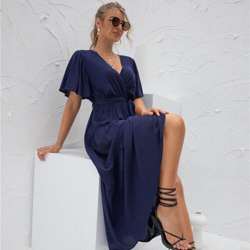 Ethnic Style High Split Waist Tie Mid-Calf Dress Swing Wedding with Belt Women Sexy Short Bell Sleeve V Neck Wrap Maxi Dress