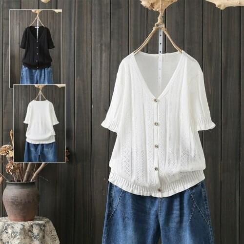 Oversized Loose Solid Knitted Women T-Shirts Summer Vintage V-Neck Casual All Match Female Outwear Tops Tees