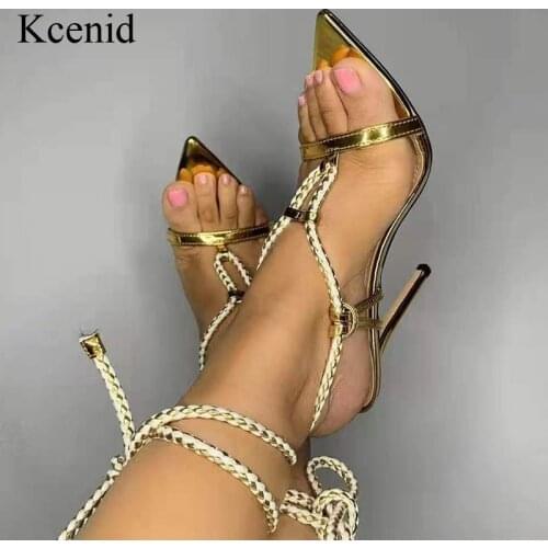 Kcenid Summer Sandals Women 2021 New Fashion Patent Leather Braided Sexy Sandals Open Toe Lace Up Thin High Heels Party Shoes