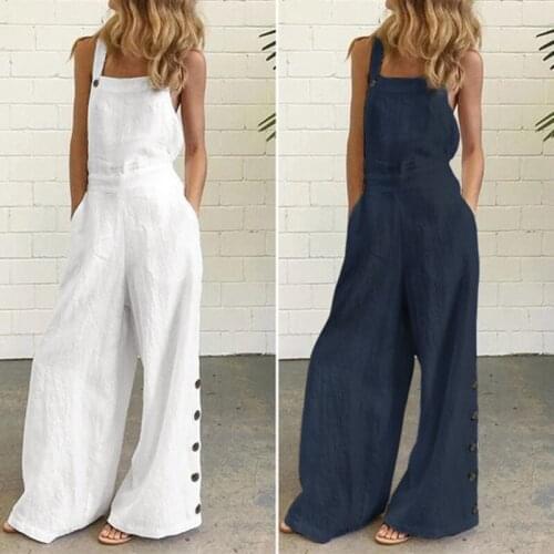 Women Rompers Sleeveless Buttons Pockets Wide Leg Jumpsuit Overall Work Clothes Summer Loose Jumpsuits Clubwear