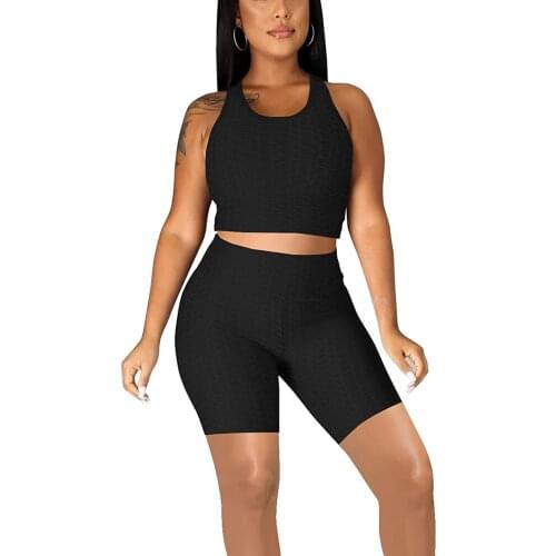 Womens Sports Two Piece Suit Fashion Solid Color U-neck Cropped Vest and High Waist Shorts