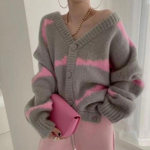 2021 Autumn Womens Striped Cardigan Knitted Coats Loose Hit Color V-neck Single-breasted Female Sweater Tops Sueters De Mujer