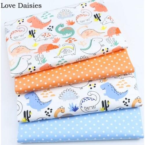 100% Cotton Twill WHITE Cartoon ORANGE BLUE Dinosaur Polka Dot Fabric Kids Bedding Sheet Handwork Home Decor Dress Craft