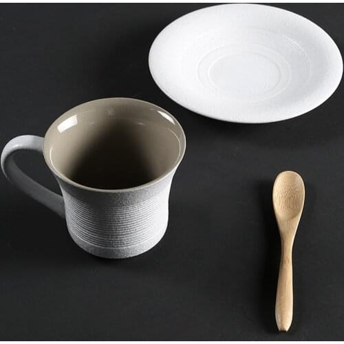 200ml Creative Stoneware Mug Handle with Spoon Coffee Cup and Saucer Black and White Simple Personality Ceramic Drinking Cup