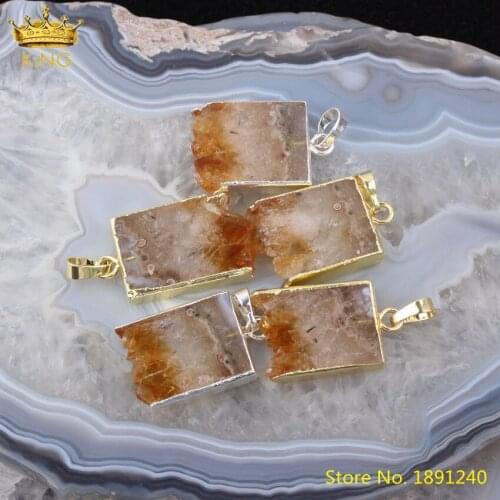 5pcs Natural Citrines Quartz Slice Slab Pendant For Necklace Making,Plated Gold Silvery Bails Irregular Yellow Crystal Charms