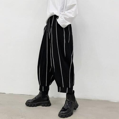 Baggy Pants Men Spring Imitation Linen Stripe Printing Casual Cropped Trousers Trendy Wear Loose Wide-leg Pants Hairstylist