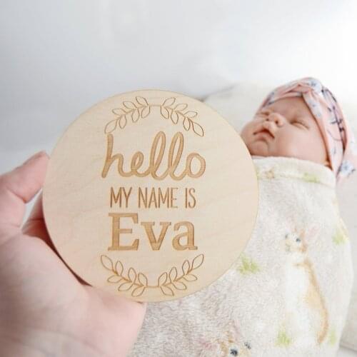 Wood Birth Announcement plaque, custom Hello my name is round Baby Name Sign, Milestone Cards, baby Keepsake, Nursery decration
