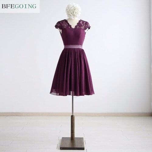 Purple Chiffon A-Line Bridesmaid Dress Knee-Length Cap Sleeves V-Back Real/Original Photos Custom Made