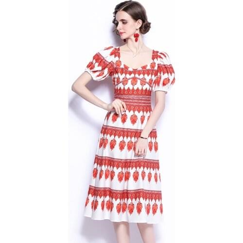 Summer Women Runway Party Midi Dress Puff Sleeve Floral Printed High Waist Ladies A-Line Dress Vestidos k2043