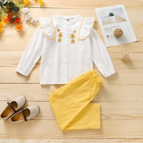 Summer Toddler Girl Clothes Fashion Korean Baby Girls Clothing Set Flower Embroidery Ruffle Shirt+ Yellow Trousers Set