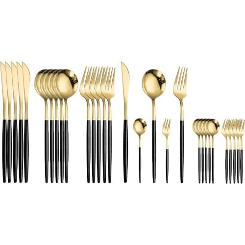 30Pcs Stainless Steel Cutlery Set Black Gold Knife Tea Fork Spoon Western Table Dinnerware For Party Dinner Silverware Tableware