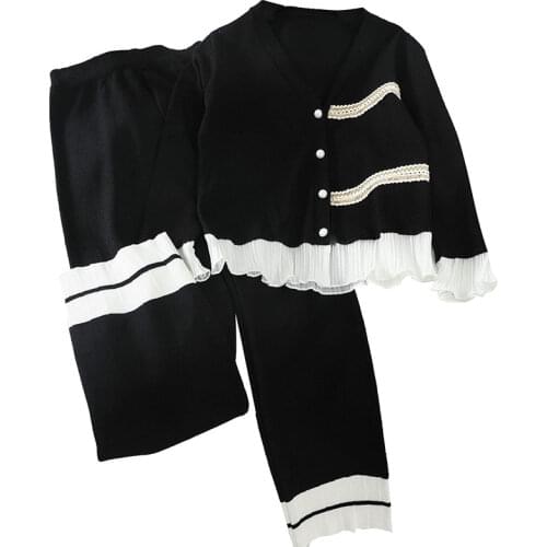 Spring and autumn new temperament color matching ruffled sweater elastic high waist straight slim pants two-piece set