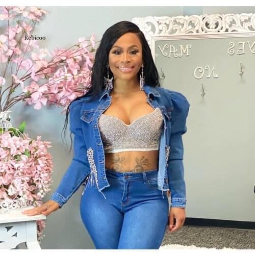 Casual Women Fashion Hot Rhinestones Denim Coat Turn-Down Collar Long Sleeve Slim Fashion Jackets