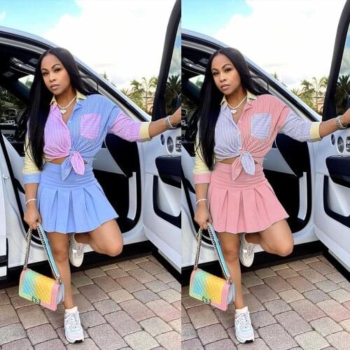 Echoine Colorful Striped Print Shirt Long Sleeve Button Patchwork Short Blouse Pleated Mini Skirt 2 Piece Set Party Club Outfits