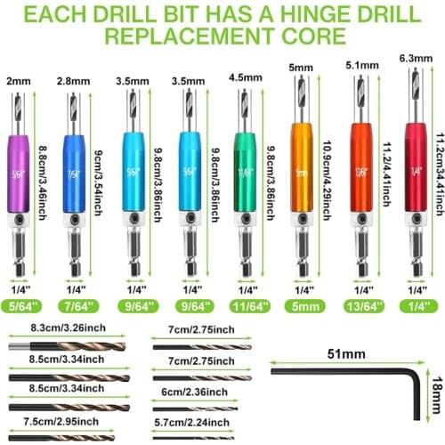 203F 8PCS Self-centering Hinge Hole Opener, Hinge Drill Bits Tapper with Wrench for Doors, Cabinets, Windows Woodworking