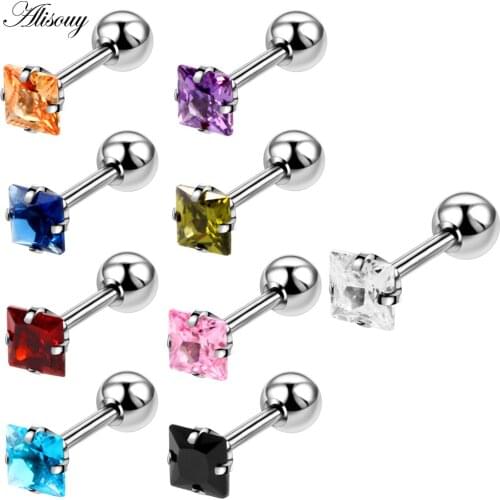 Alisouy 1 pair stud earrings Cartilage Piercing colorful Square zircon Gem Earring 16G Barbell Bar Ear Studs Piercing Orelha