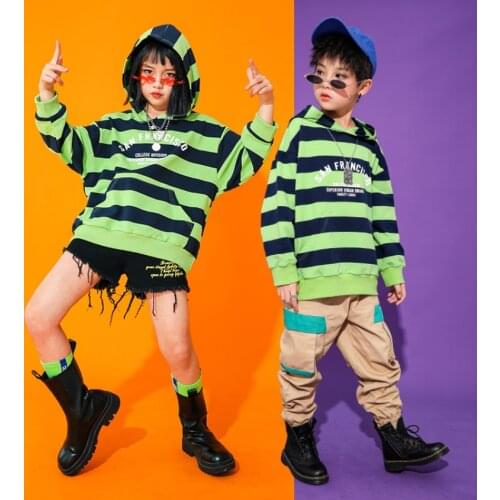 Girls Boys Hip Hop Outfits Sweatshirt Dance Clothing Green Striped Tops Khaki Jogger Pants Jazz Ballroom Dancing Costumes