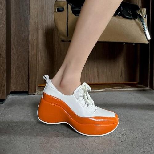 Special Design Platform Shoes Lace-Up Creepers EVA Bottom Cow Leather Women Shoe With Heel Mixed Color Vulcanized Footwear