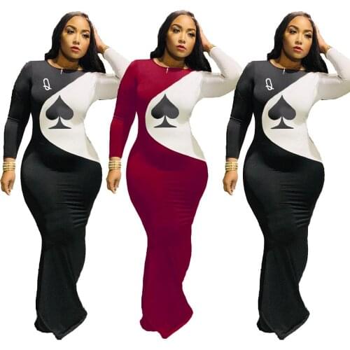 CM.YAYA Autumn Club Night Party Spade Q Letter Patchwork Women Long Sleeve Bodycon Maxi Dress Active Wear Long Dresses S-4XL