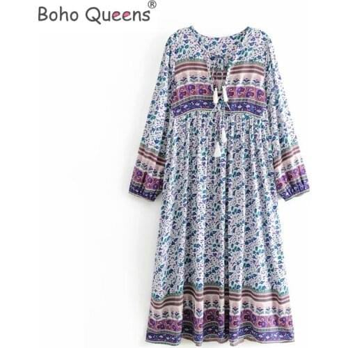 Boho Queens women floral print long sleeve tassel ruffles beach Bohemian midi dresses Ladies loose v-neck rayon Boho dress