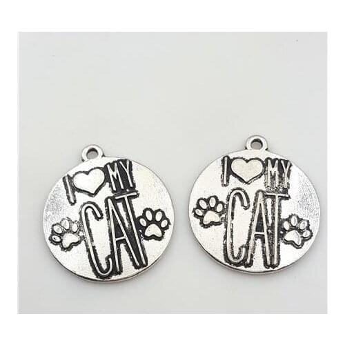 High Quality 20 Pieces/Lot Diameter 25mm Letter Embossed I Love My Cat Paw Print Pet Cat Message Charm For Jewelry Making