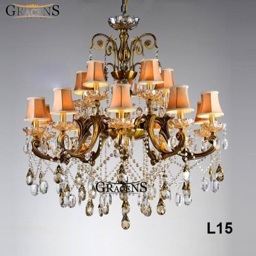 8/ 15 Lights Luxurious Crystal Chandelier Light Fixture with/without Lampshade Brass Color Crystal Hanging Lamp For Living Room