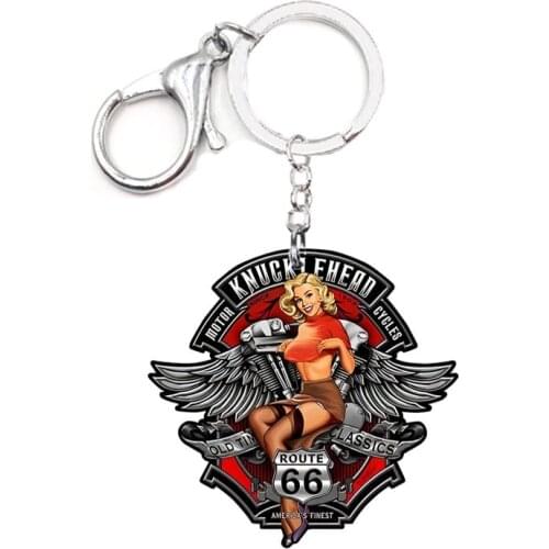 Acrylic Keychain Sexy Girl Knucklehead Motorcycles RT66 Pin Up Girl Charms Not 3D Chain Gift for Women Lover Keyring Men Xmas